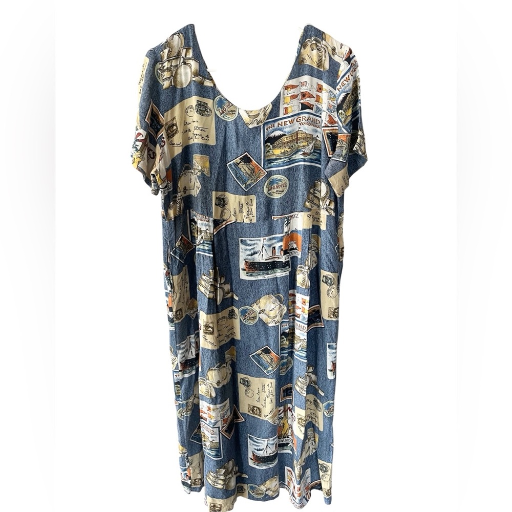 Vintage Reyn Spooner Travel Postcard Maxi Dress Medium